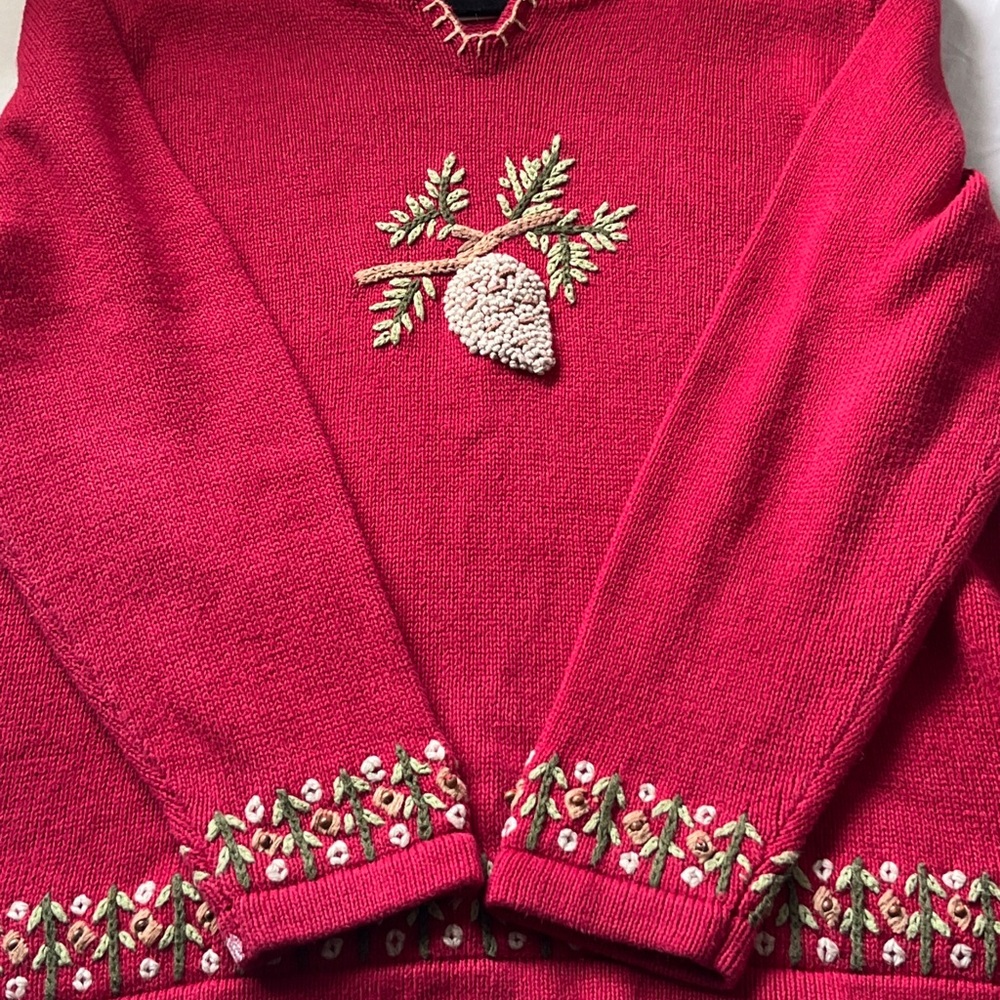 TimberLea Women's XL Embroidered Christmas Sweater Cottagecore Pullover Vintage